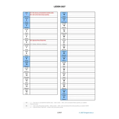 Měsíční plánovací kalendář ve formátu pdf (A4) na rok 2027